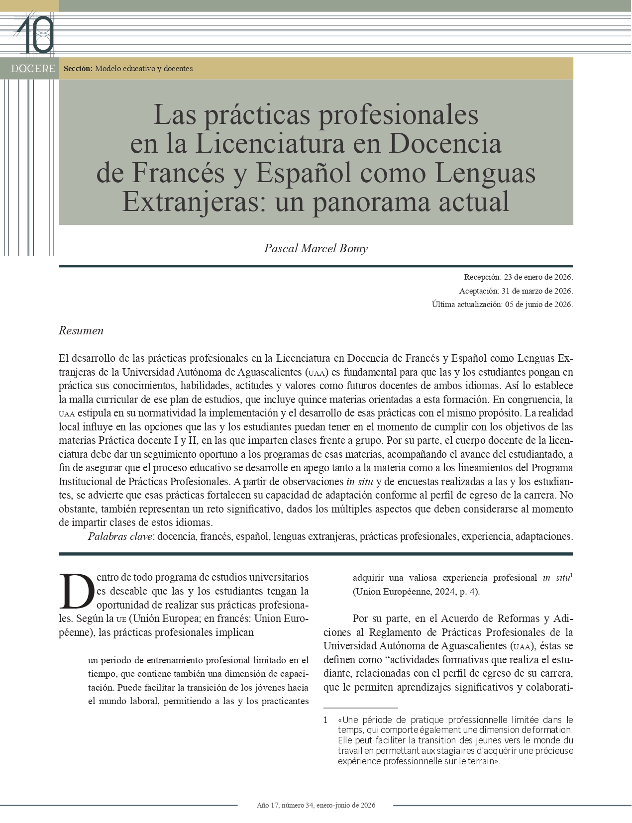 Portada del artículo: Las prácticas profesionales en la Licenciatura en Docencia de Francés y Español como Lenguas Extranjeras: un panorama actual