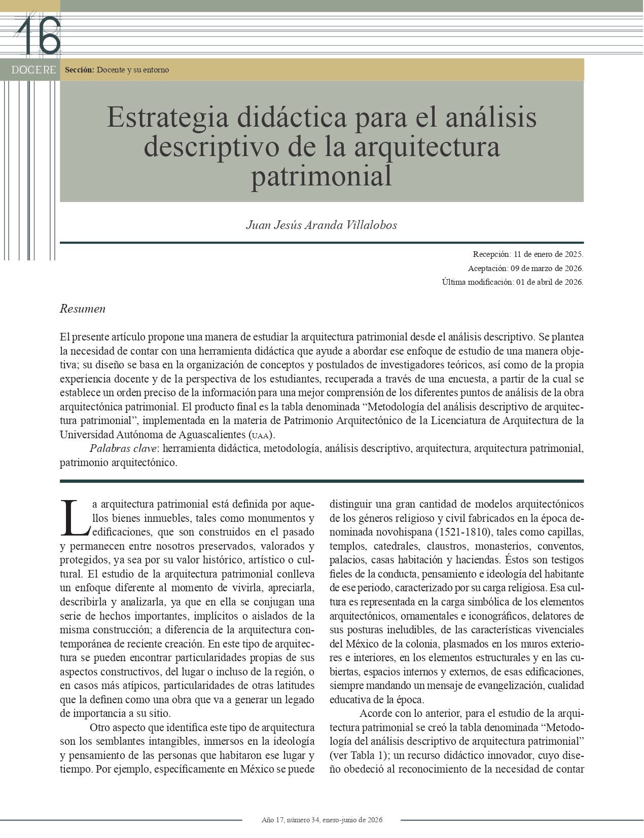 Portada del artículo: Estrategia didáctica para el análisis descriptivo de la arquitectura patrimonial