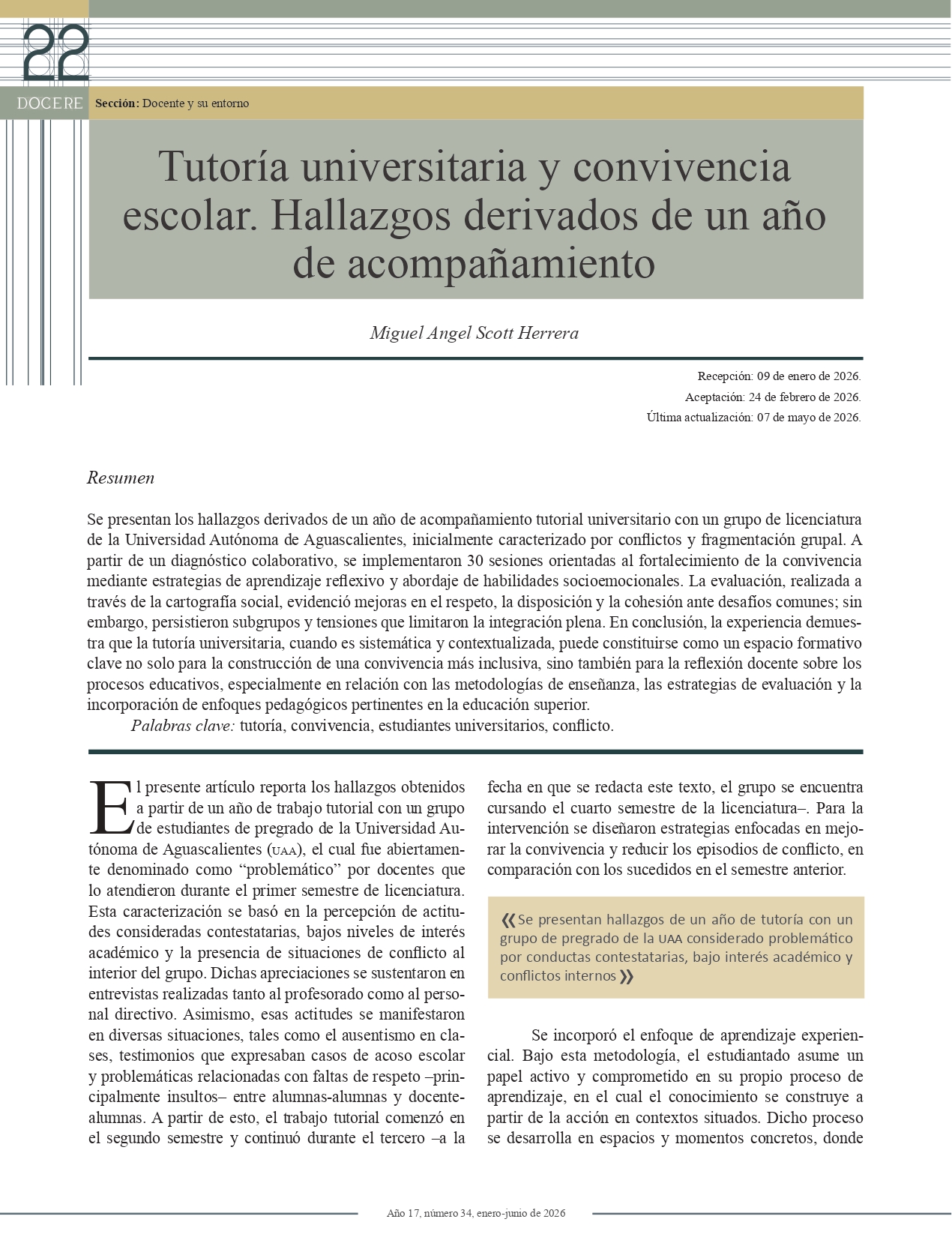 Portada del artículo: Tutoría universitaria y convivencia escolar. Hallazgos derivados de un año de acompañamiento