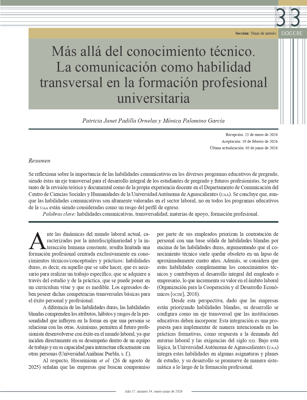Portada del artículo: Más allá del conocimiento técnico. La comunicación como habilidad transversal en la formación profesional universitaria