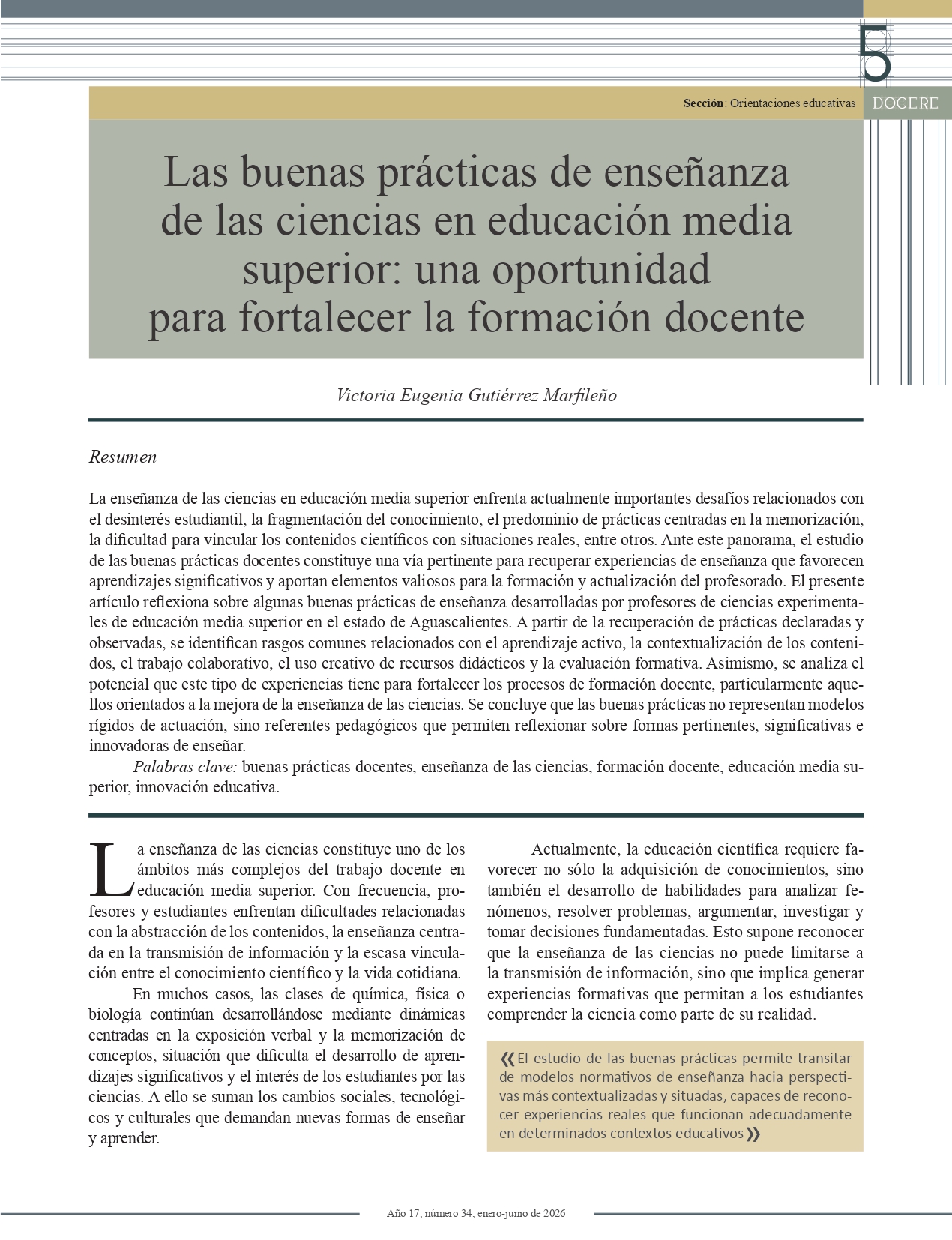 Portada del artículo: Las buenas prácticas de enseñanza de las ciencias en educación media superior: una oportunidad para fortalecer la formación docente